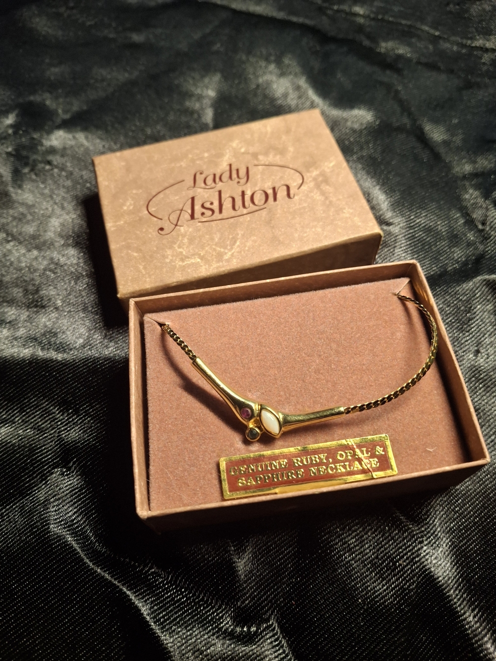 Gold-Tone Necklace with Ruby and Opal Accents